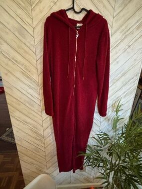 YITTY Plush Burgundy Hooded Zip Jumpsuit